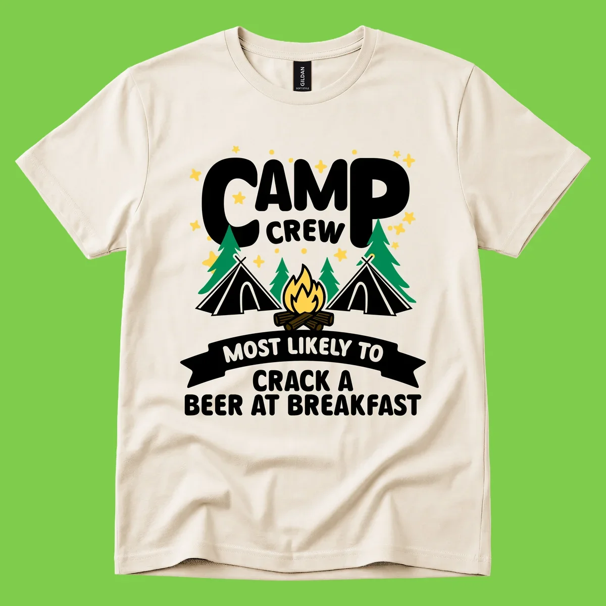 Camp crew beer at breakfast design with tents, campfire, pine trees and stars on gray background