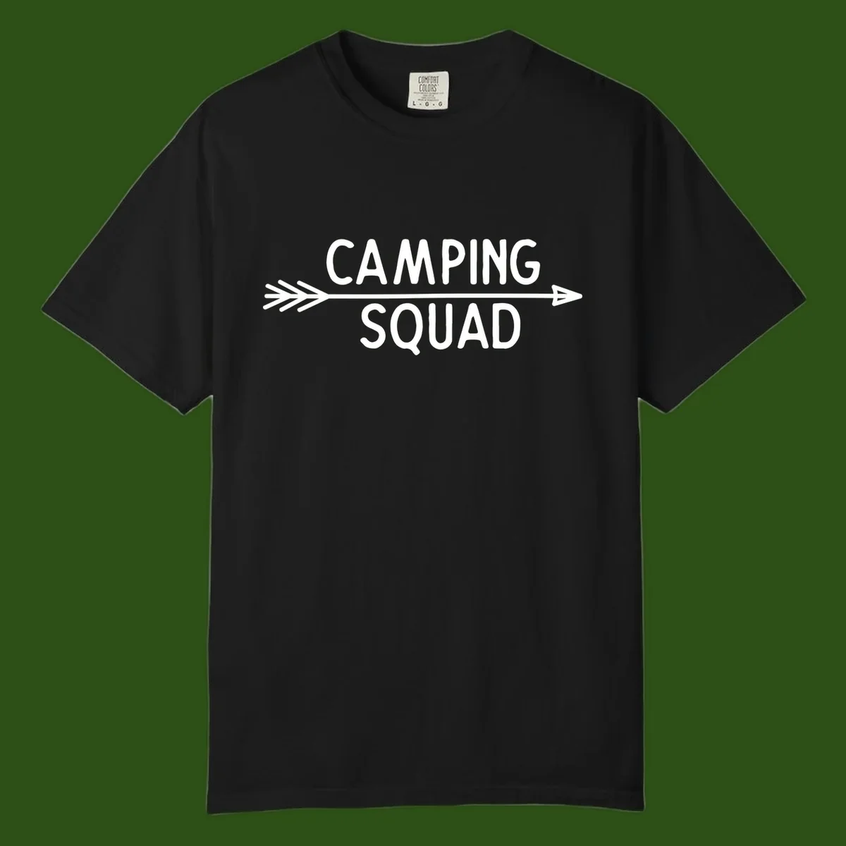 White text reading 'Camping Squad' with a horizontal arrow running through it on gray background