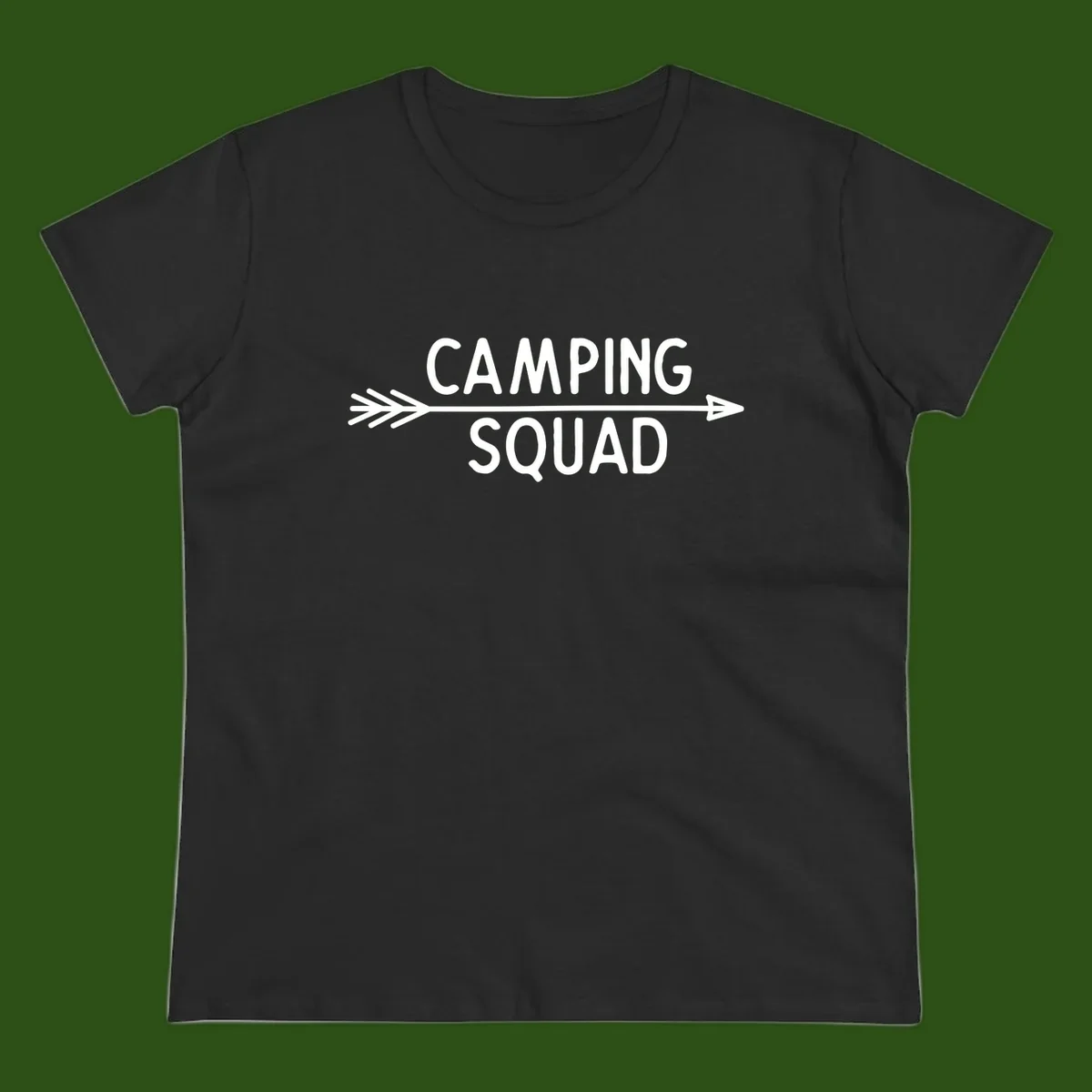 White text reading 'Camping Squad' with a horizontal arrow running through it on gray background