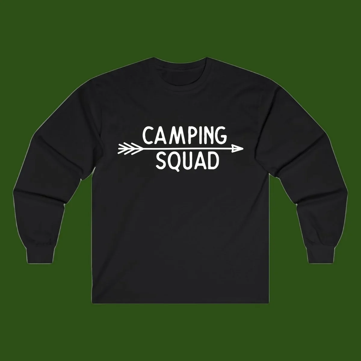 White text reading 'Camping Squad' with a horizontal arrow running through it on gray background