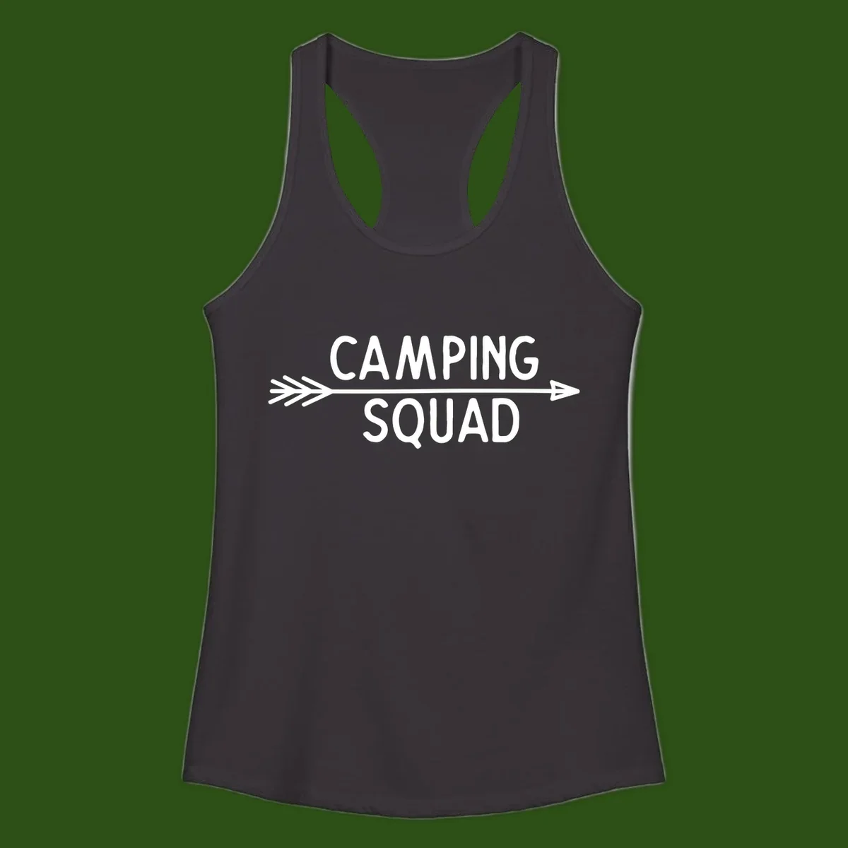 White text reading 'Camping Squad' with a horizontal arrow running through it on gray background