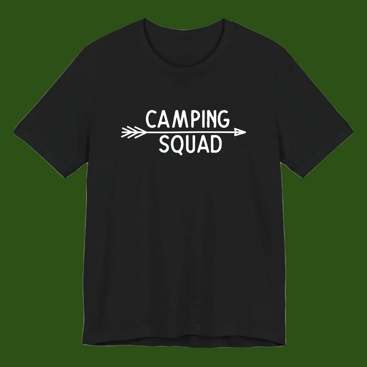 White text reading 'Camping Squad' with a horizontal arrow running through it on gray background