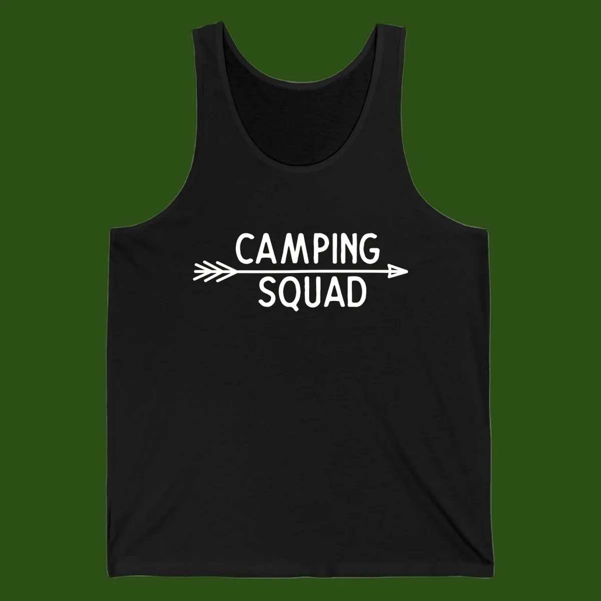 White text reading 'Camping Squad' with a horizontal arrow running through it on gray background