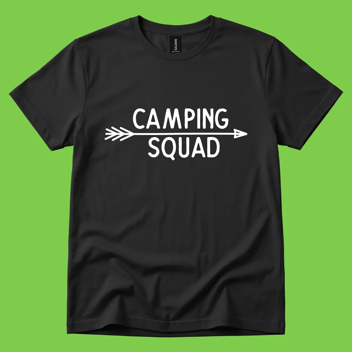 White text reading 'Camping Squad' with a horizontal arrow running through it on gray background