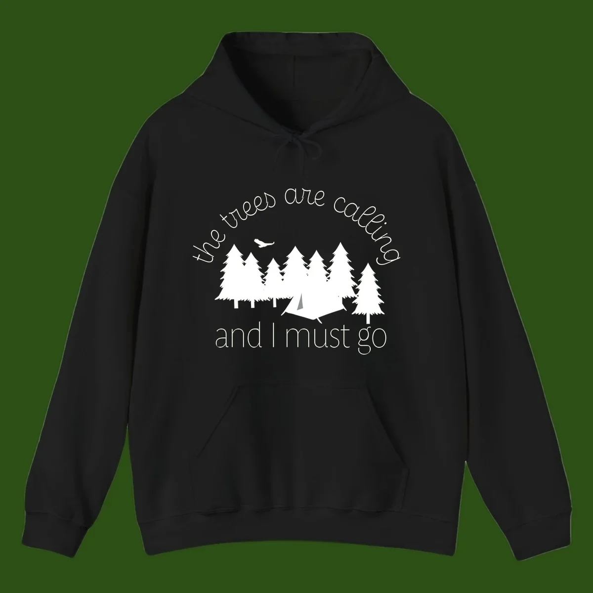 Minimalist camping design with evergreen trees, tent, and airplane with text 'The trees are calling and I must go'