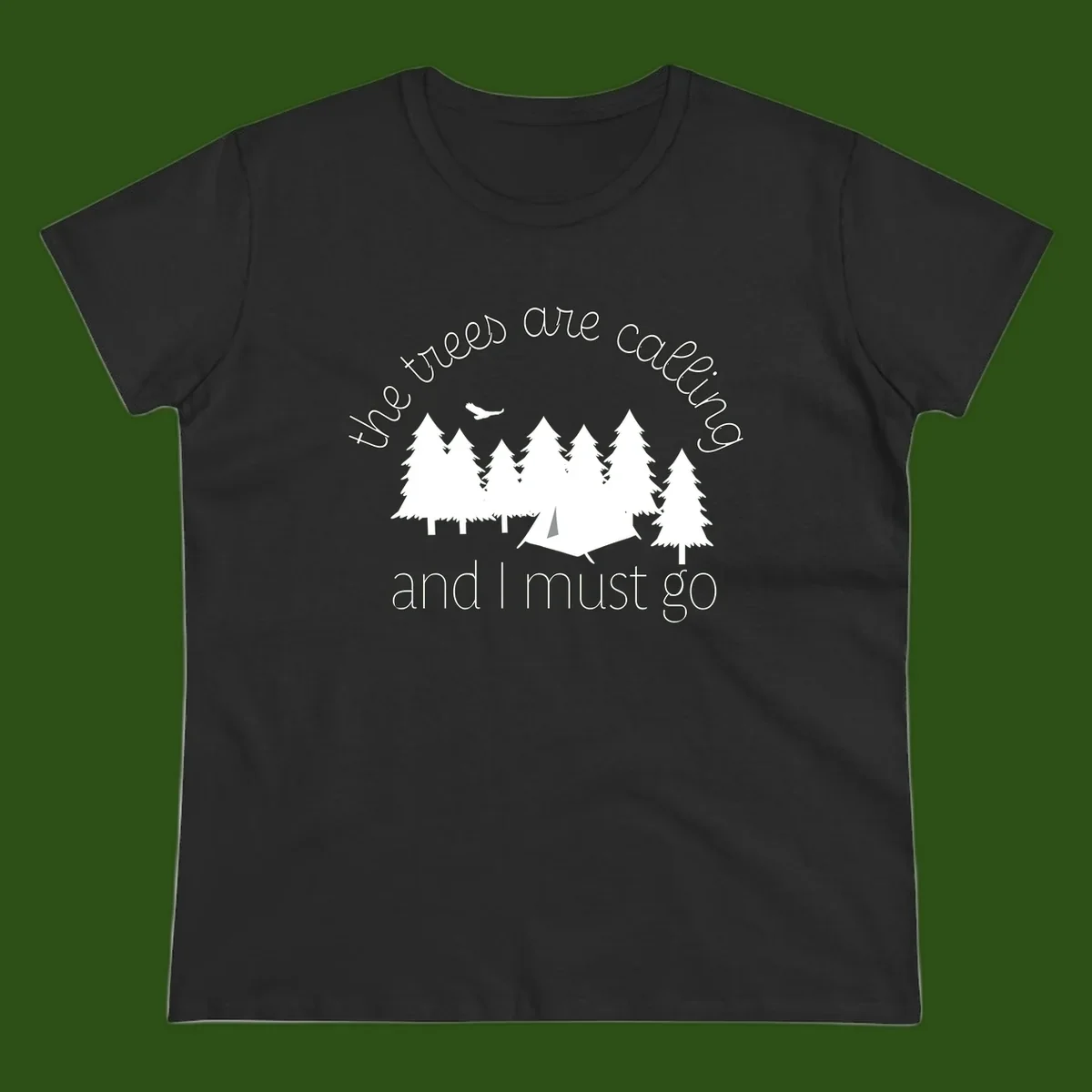 Minimalist camping design with evergreen trees, tent, and airplane with text 'The trees are calling and I must go'