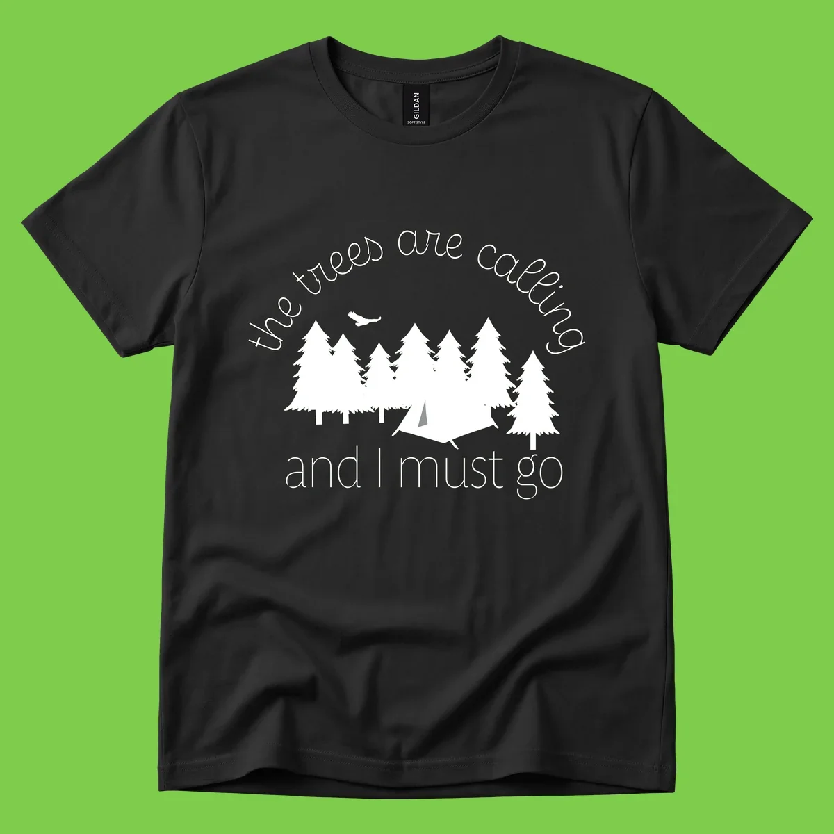 Minimalist camping design with evergreen trees, tent, and airplane with text 'The trees are calling and I must go'
