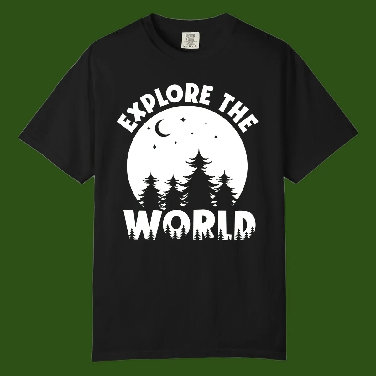 Silhouetted evergreen forest beneath a crescent moon and stars with 'Explore The World' text in a circular nighttime camping design