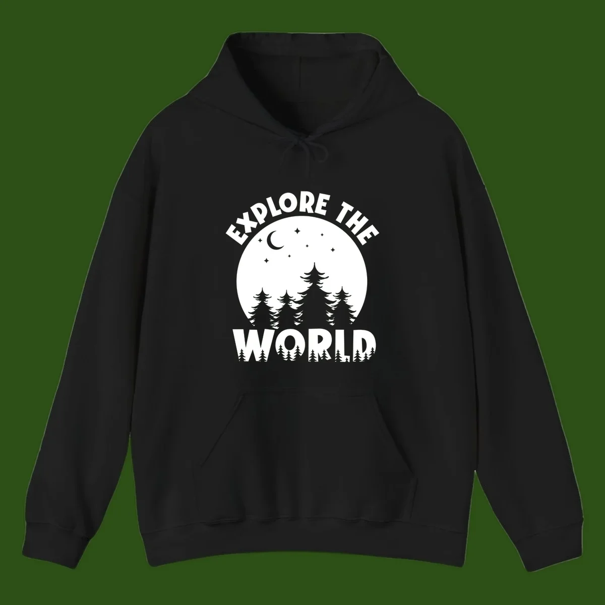 Silhouetted evergreen forest beneath a crescent moon and stars with 'Explore The World' text in a circular nighttime camping design