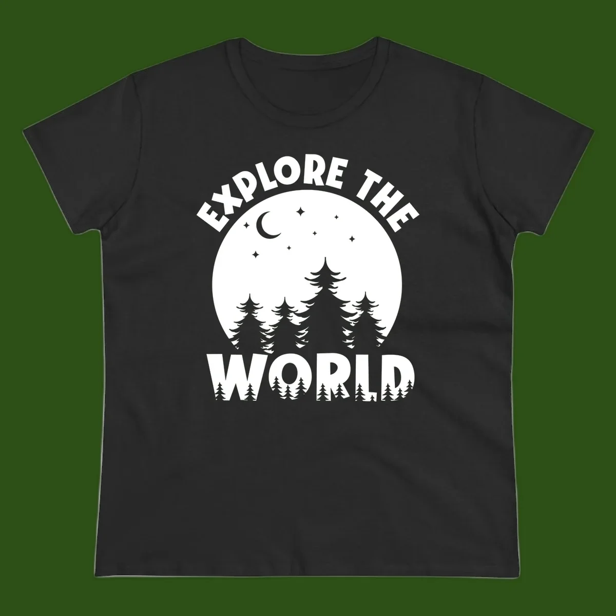 Silhouetted evergreen forest beneath a crescent moon and stars with 'Explore The World' text in a circular nighttime camping design