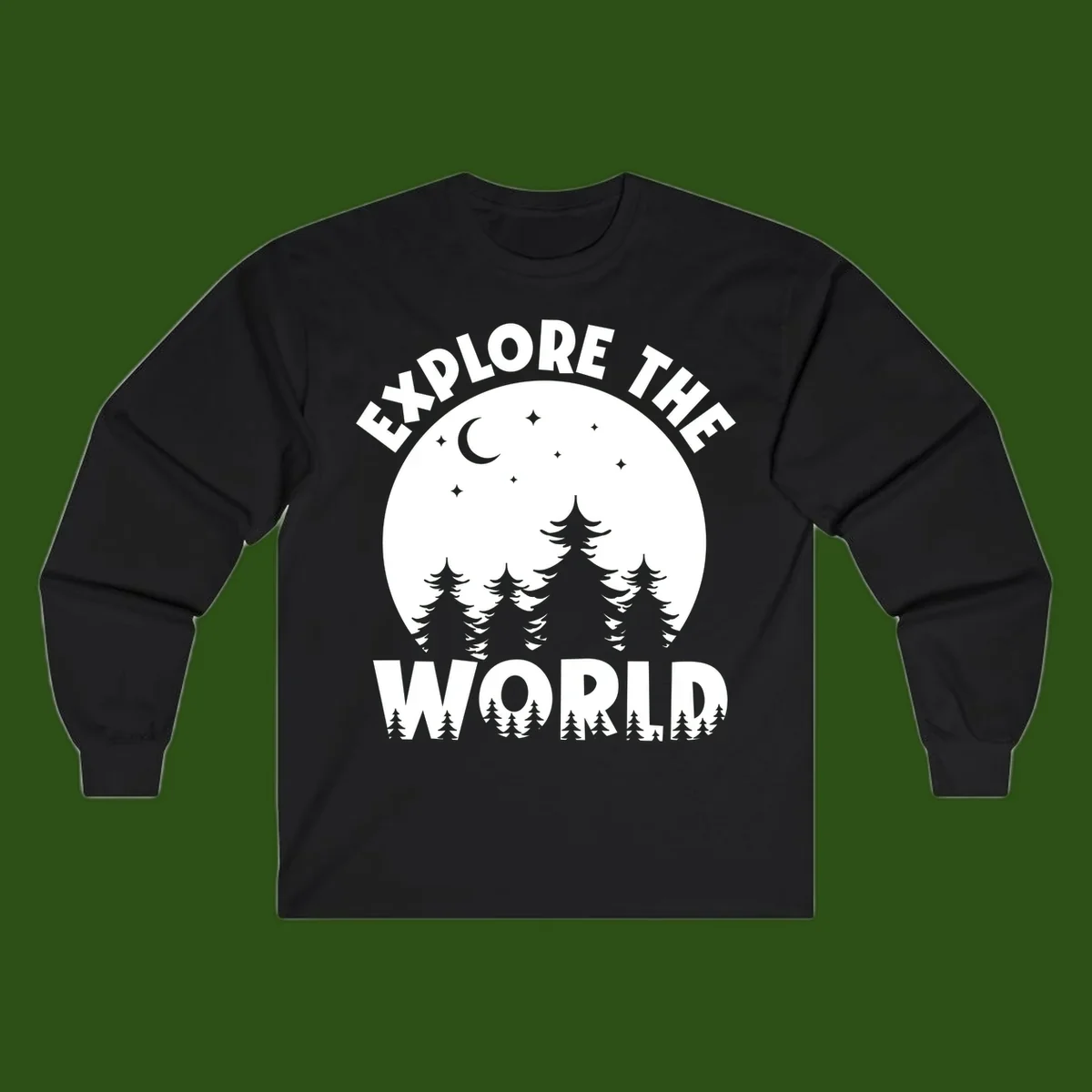 Silhouetted evergreen forest beneath a crescent moon and stars with 'Explore The World' text in a circular nighttime camping design