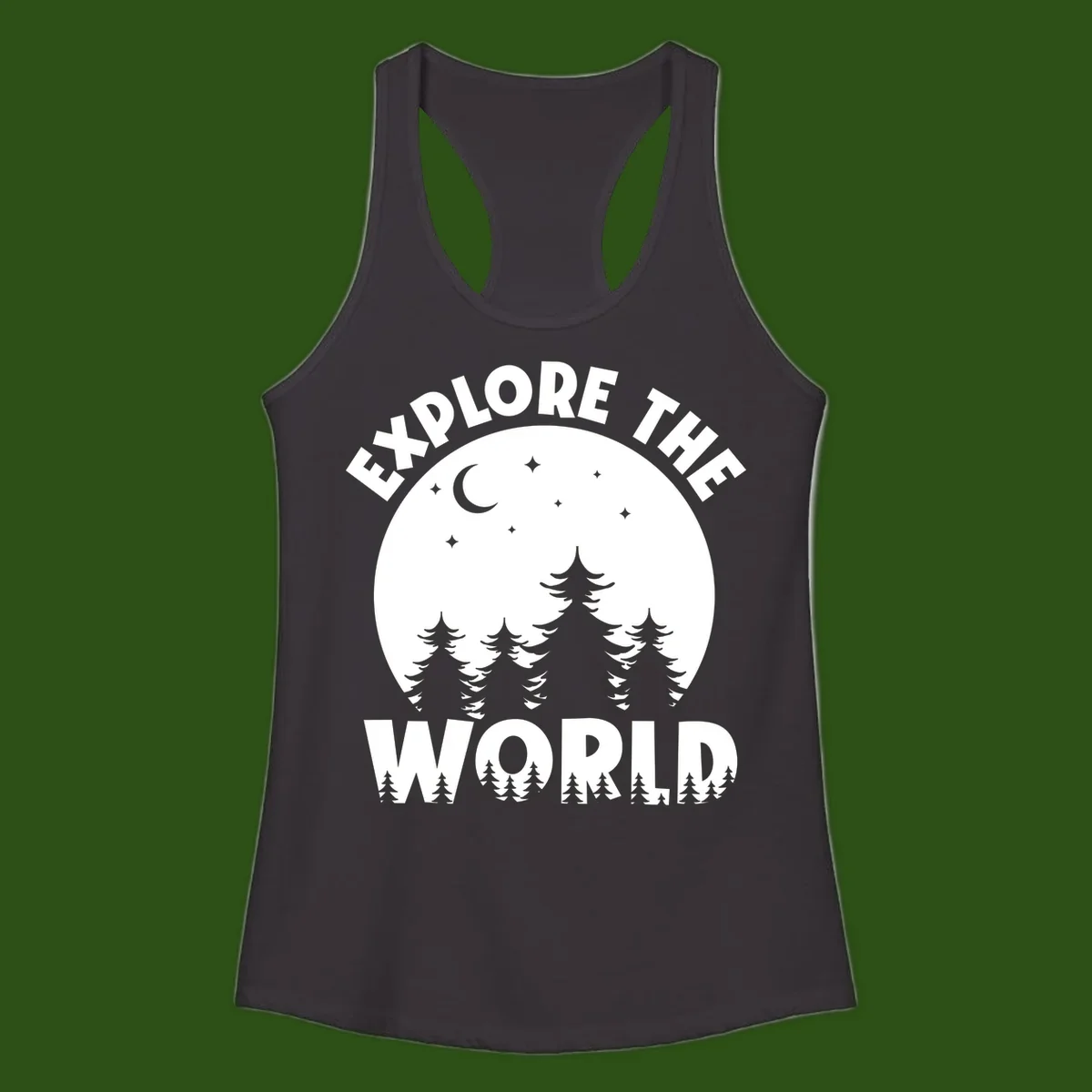 Silhouetted evergreen forest beneath a crescent moon and stars with 'Explore The World' text in a circular nighttime camping design