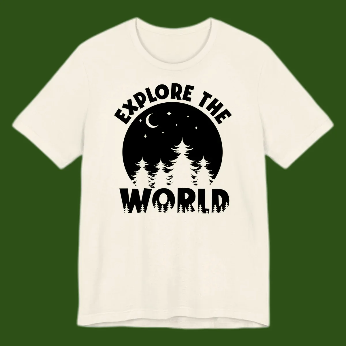 Silhouetted evergreen forest beneath a crescent moon and stars with 'Explore The World' text in a circular nighttime camping design