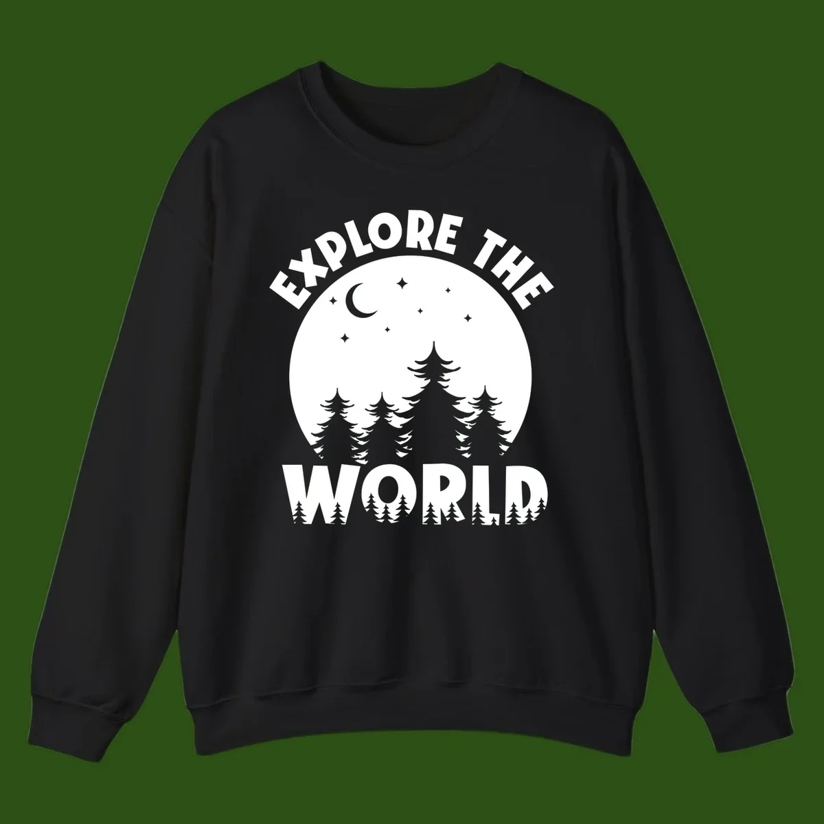 Silhouetted evergreen forest beneath a crescent moon and stars with 'Explore The World' text in a circular nighttime camping design