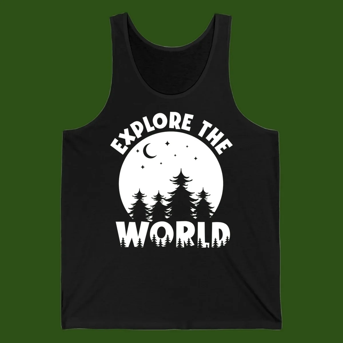 Silhouetted evergreen forest beneath a crescent moon and stars with 'Explore The World' text in a circular nighttime camping design