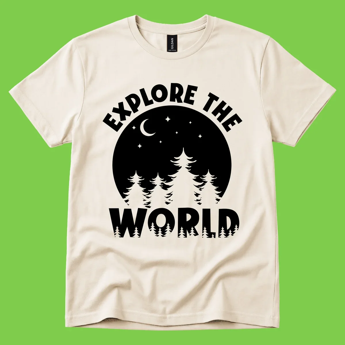 Silhouetted evergreen forest beneath a crescent moon and stars with 'Explore The World' text in a circular nighttime camping design