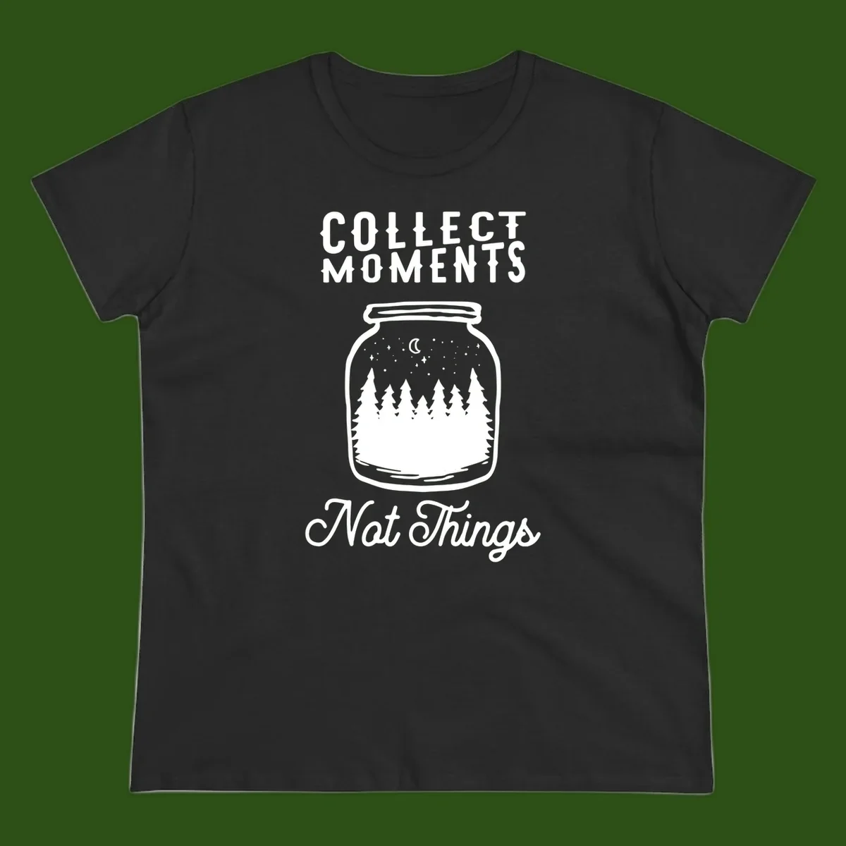 White illustrated mason jar filled with evergreen forest, moon, and stars with text 'Collect Moments Not Things' for camping enthusiasts