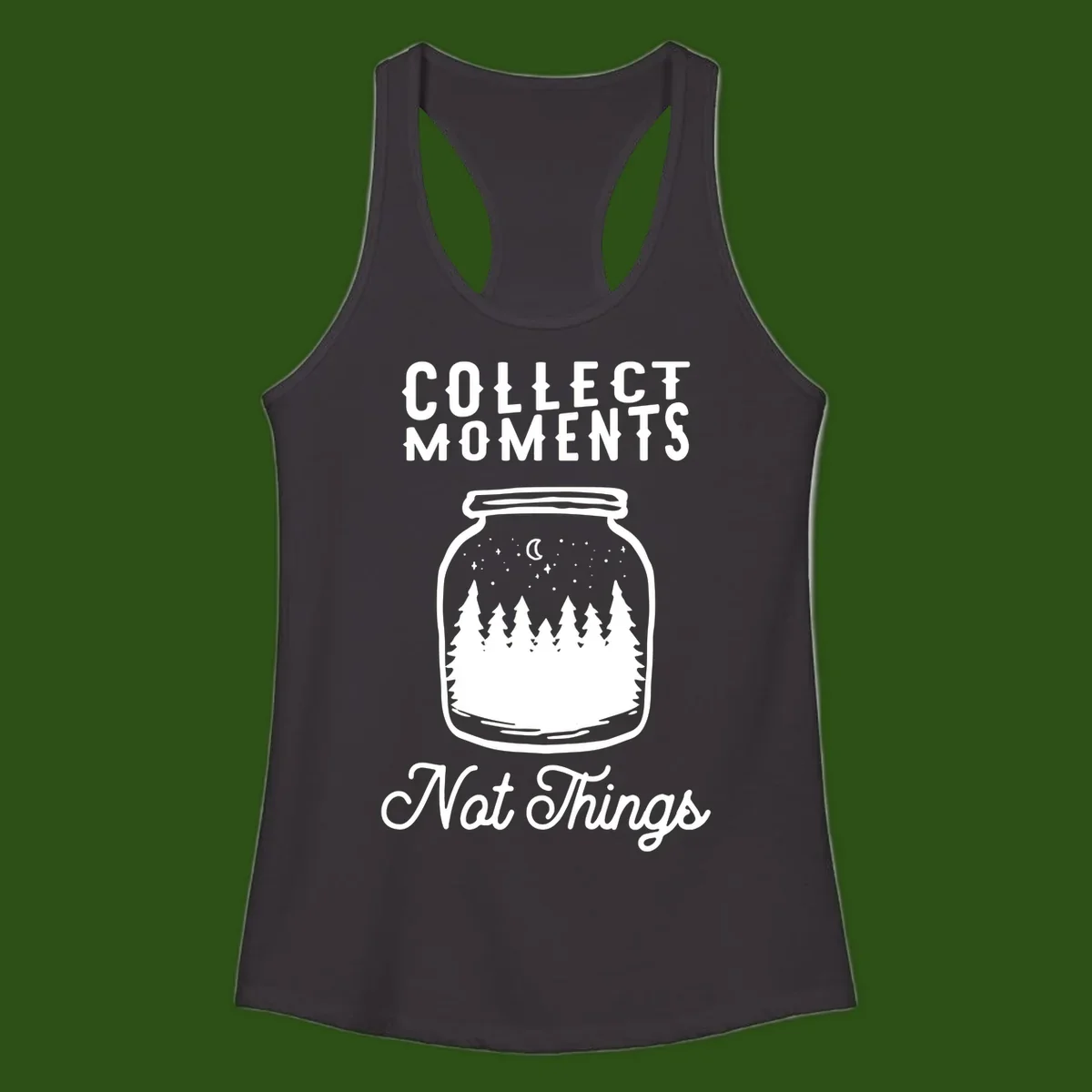 White illustrated mason jar filled with evergreen forest, moon, and stars with text 'Collect Moments Not Things' for camping enthusiasts