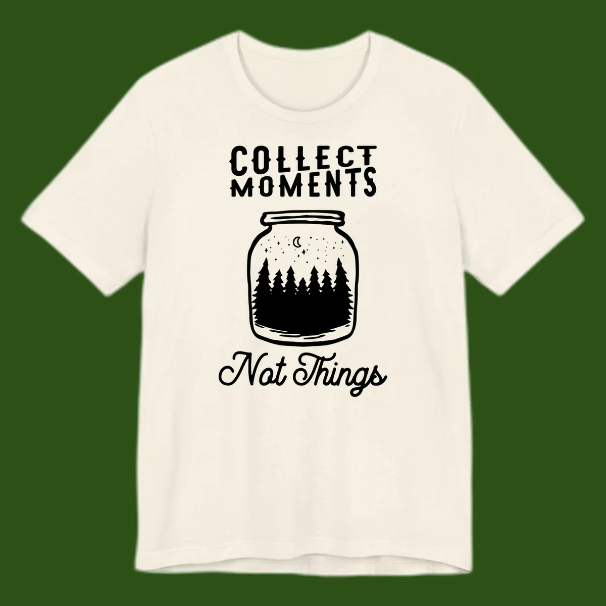 White illustrated mason jar filled with evergreen forest, moon, and stars with text 'Collect Moments Not Things' for camping enthusiasts