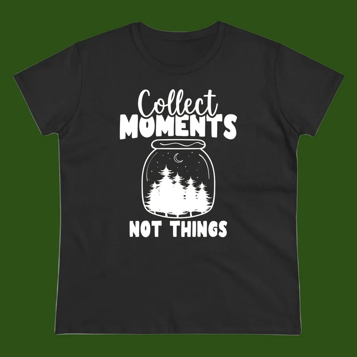 Illustration of a mason jar containing a nighttime forest scene with trees, moon, and stars, with text reading 'Collect Moments Not Things'