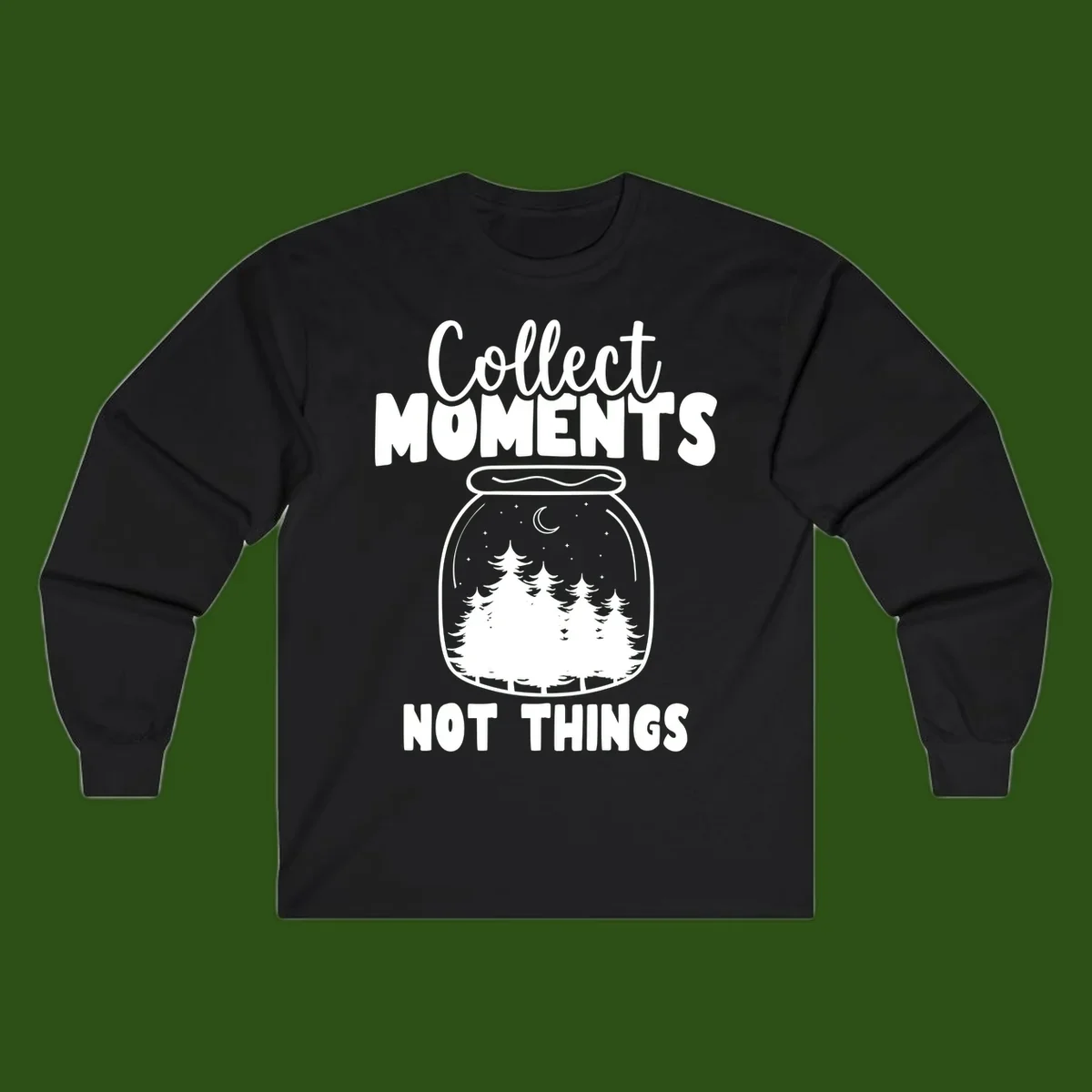 Illustration of a mason jar containing a nighttime forest scene with trees, moon, and stars, with text reading 'Collect Moments Not Things'