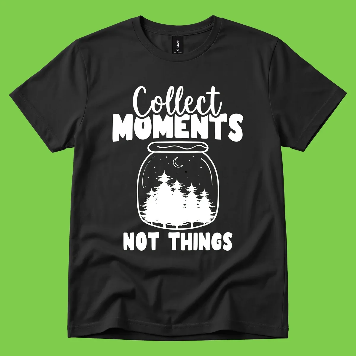 Illustration of a mason jar containing a nighttime forest scene with trees, moon, and stars, with text reading 'Collect Moments Not Things'
