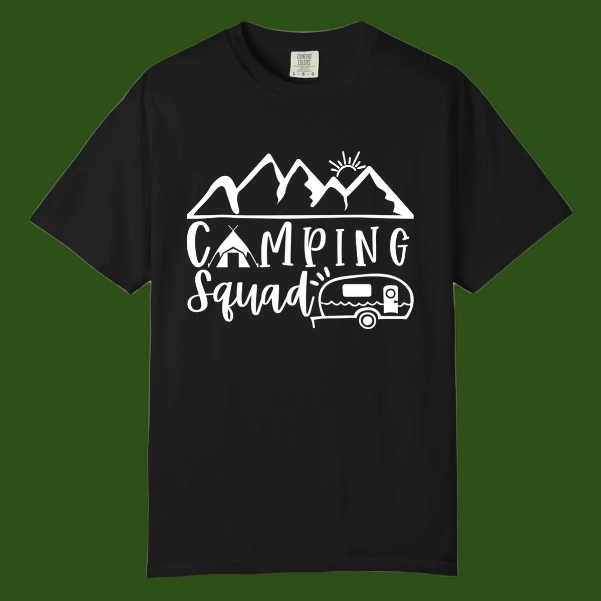 Camping squad adventure design with mountains, sun, tent, and RV trailer in white line art style on gray background