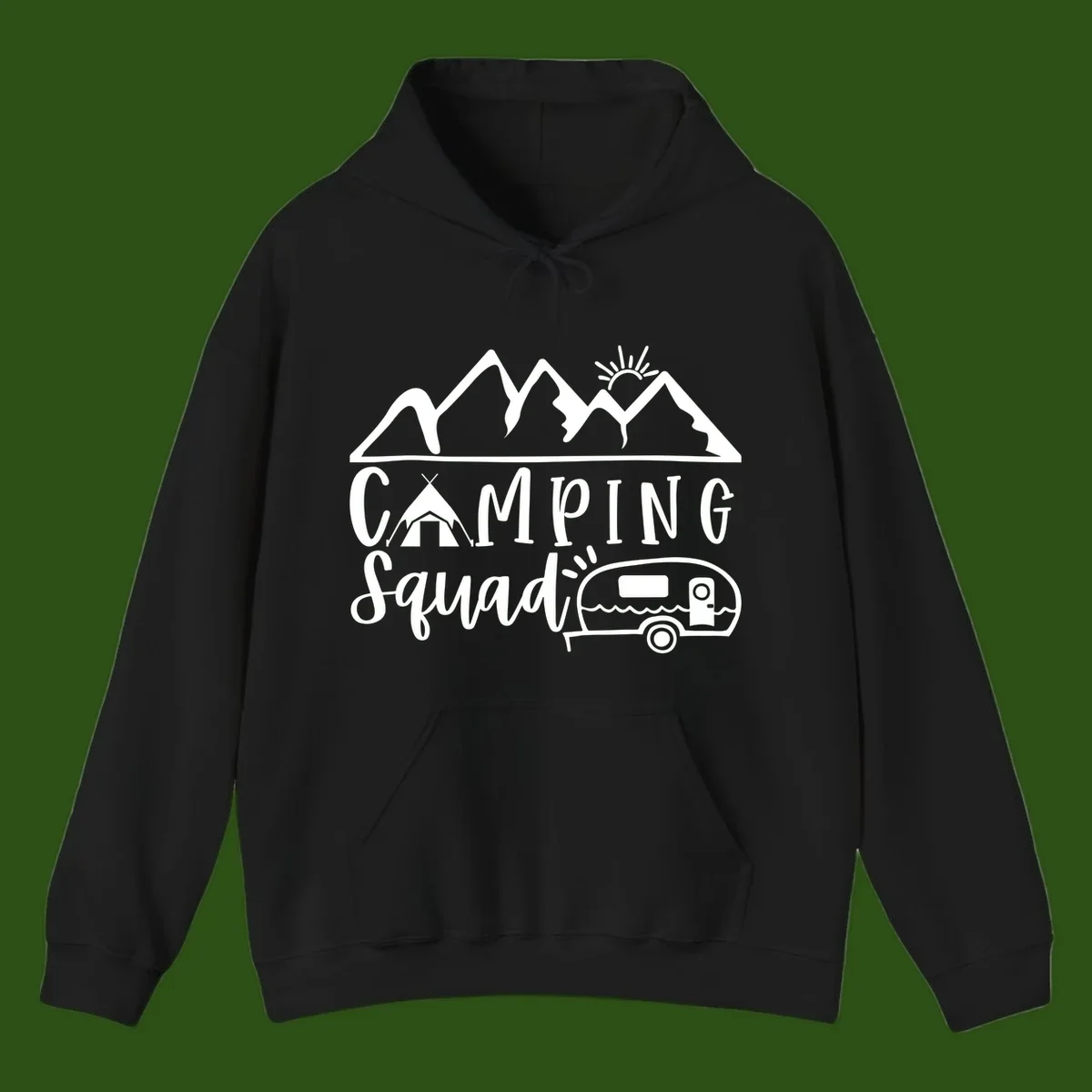 Camping squad adventure design with mountains, sun, tent, and RV trailer in white line art style on gray background