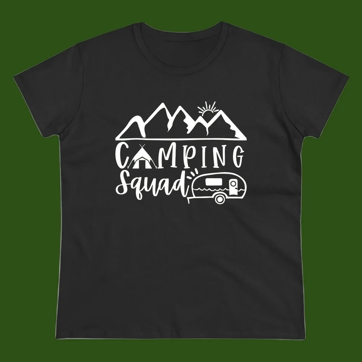 Camping squad adventure design with mountains, sun, tent, and RV trailer in white line art style on gray background
