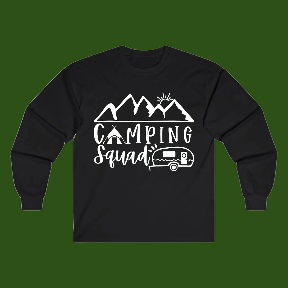 Camping squad adventure design with mountains, sun, tent, and RV trailer in white line art style on gray background