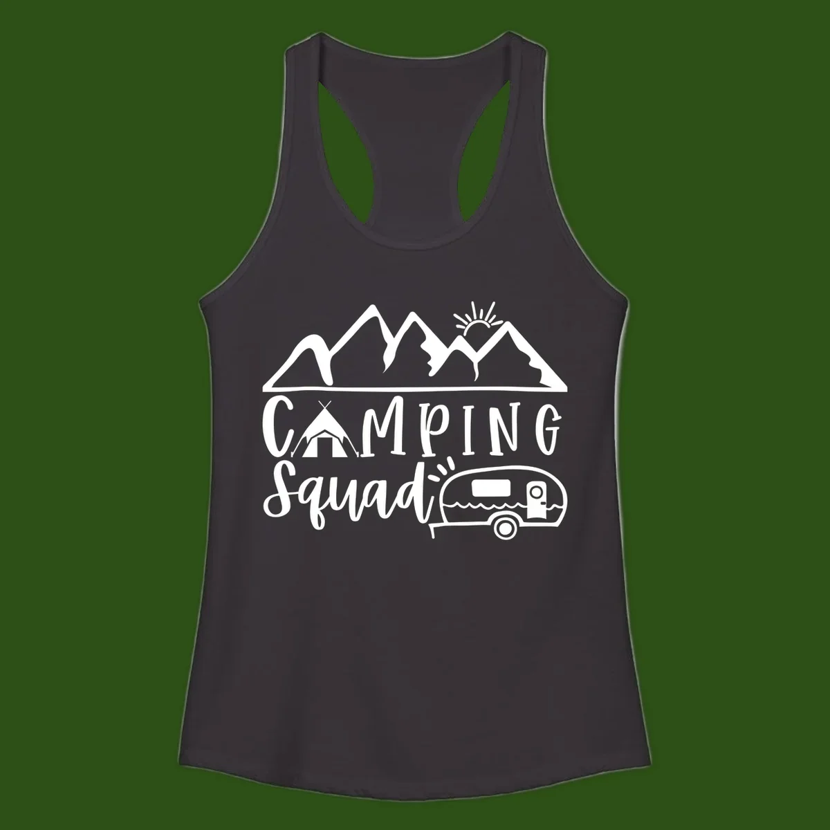 Camping squad adventure design with mountains, sun, tent, and RV trailer in white line art style on gray background