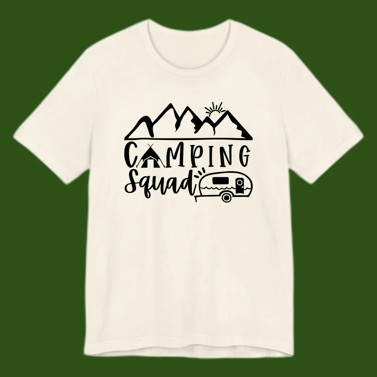Camping squad adventure design with mountains, sun, tent, and RV trailer in white line art style on gray background