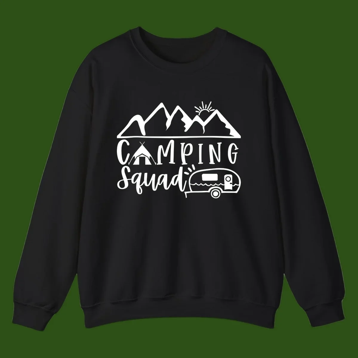 Camping squad adventure design with mountains, sun, tent, and RV trailer in white line art style on gray background