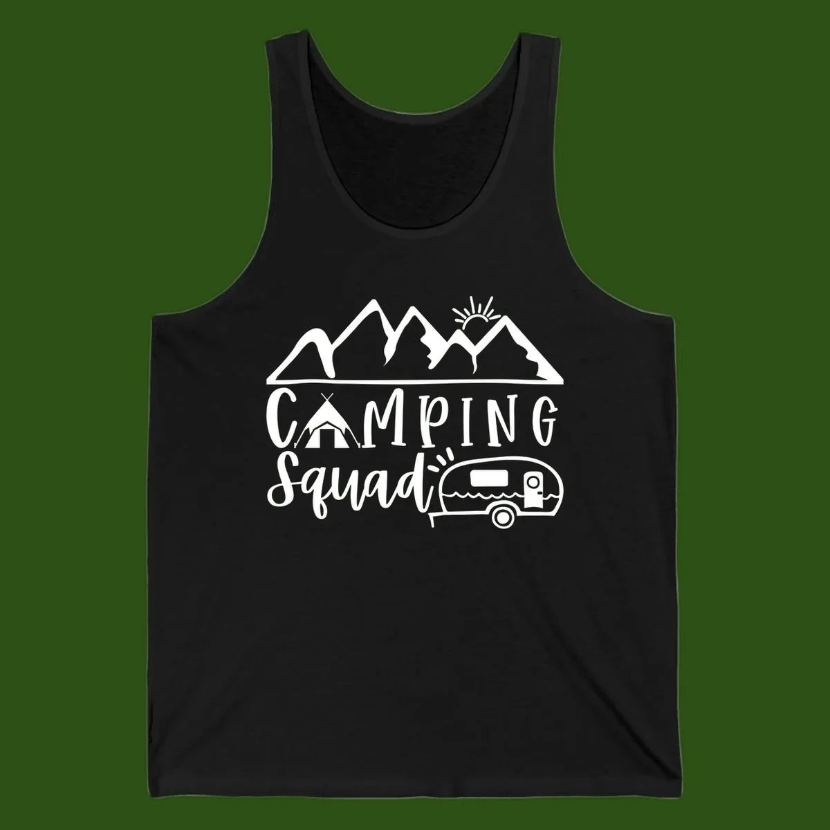 Camping squad adventure design with mountains, sun, tent, and RV trailer in white line art style on gray background