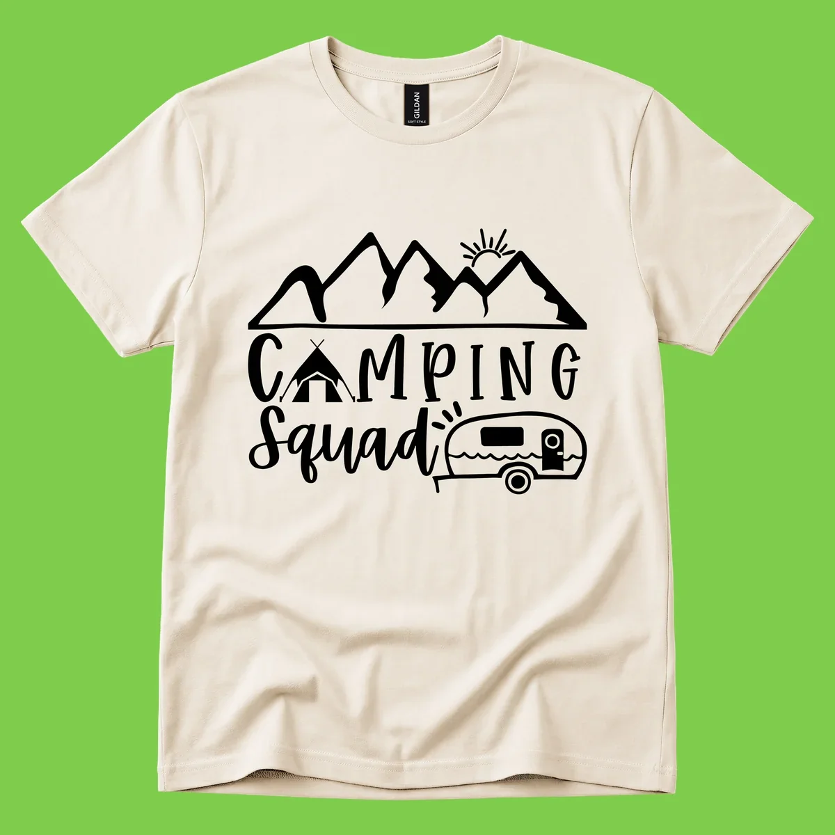 Camping squad adventure design with mountains, sun, tent, and RV trailer in white line art style on gray background