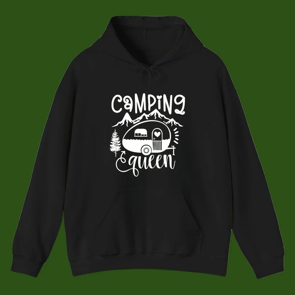Retro illustration of a vintage Airstream trailer with a heart on the door, surrounded by mountains, trees, and campfire with 'Camping Queen' text