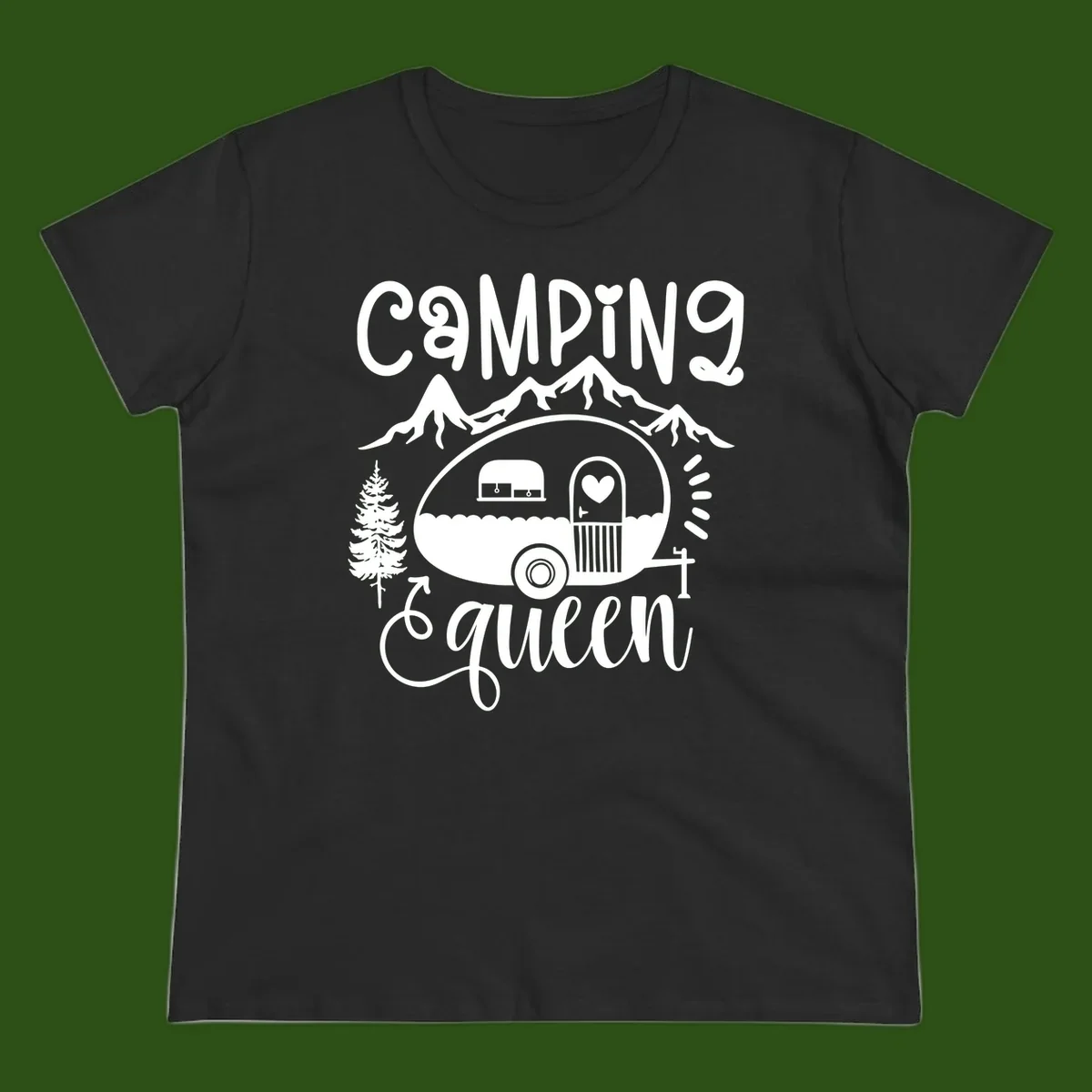 Retro illustration of a vintage Airstream trailer with a heart on the door, surrounded by mountains, trees, and campfire with 'Camping Queen' text