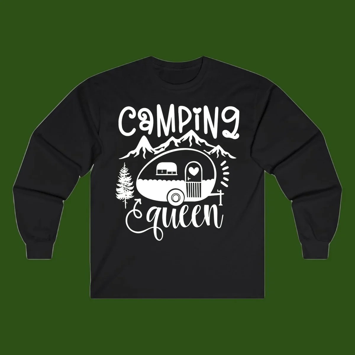 Retro illustration of a vintage Airstream trailer with a heart on the door, surrounded by mountains, trees, and campfire with 'Camping Queen' text