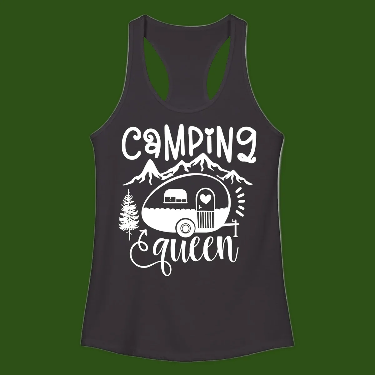 Retro illustration of a vintage Airstream trailer with a heart on the door, surrounded by mountains, trees, and campfire with 'Camping Queen' text