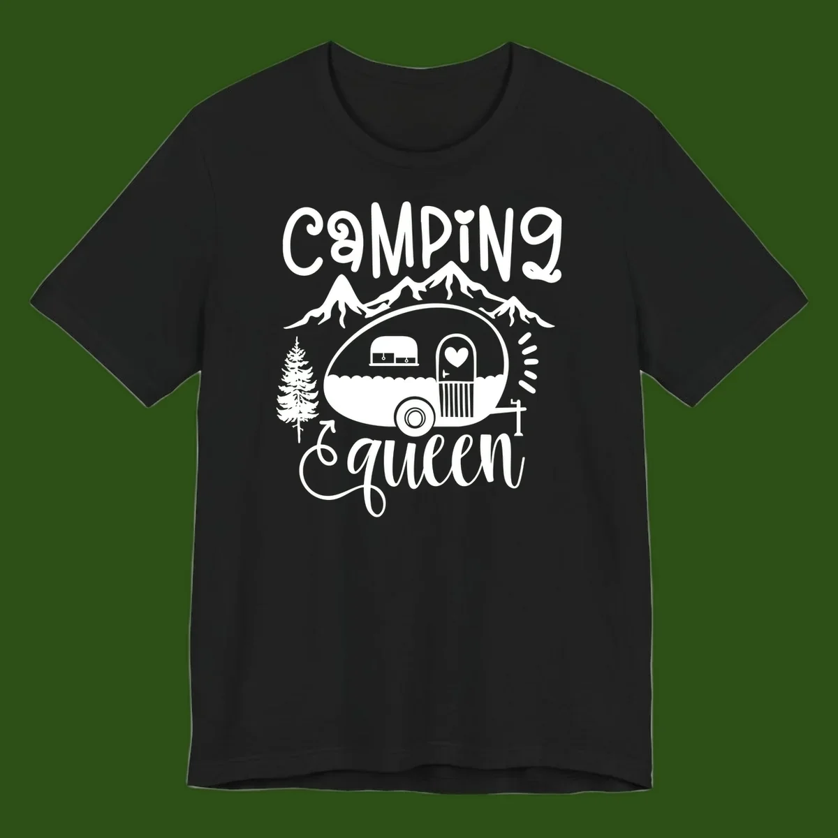 Retro illustration of a vintage Airstream trailer with a heart on the door, surrounded by mountains, trees, and campfire with 'Camping Queen' text