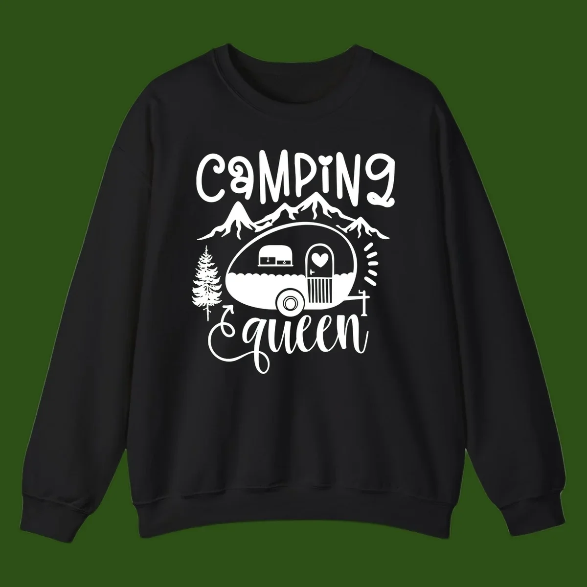 Retro illustration of a vintage Airstream trailer with a heart on the door, surrounded by mountains, trees, and campfire with 'Camping Queen' text