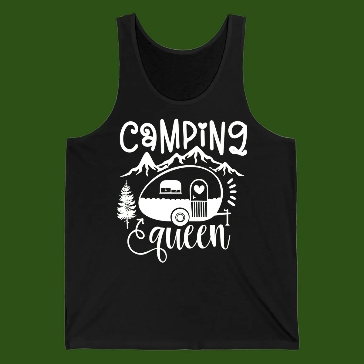 Retro illustration of a vintage Airstream trailer with a heart on the door, surrounded by mountains, trees, and campfire with 'Camping Queen' text