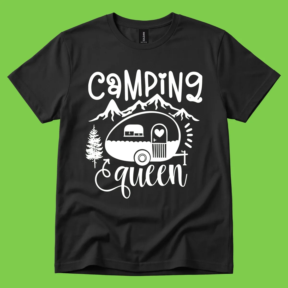 Retro illustration of a vintage Airstream trailer with a heart on the door, surrounded by mountains, trees, and campfire with 'Camping Queen' text