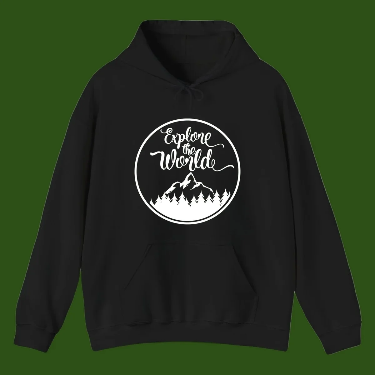 White circular badge with 'Explore the World' cursive text above mountain peak and evergreen forest silhouette on gray background