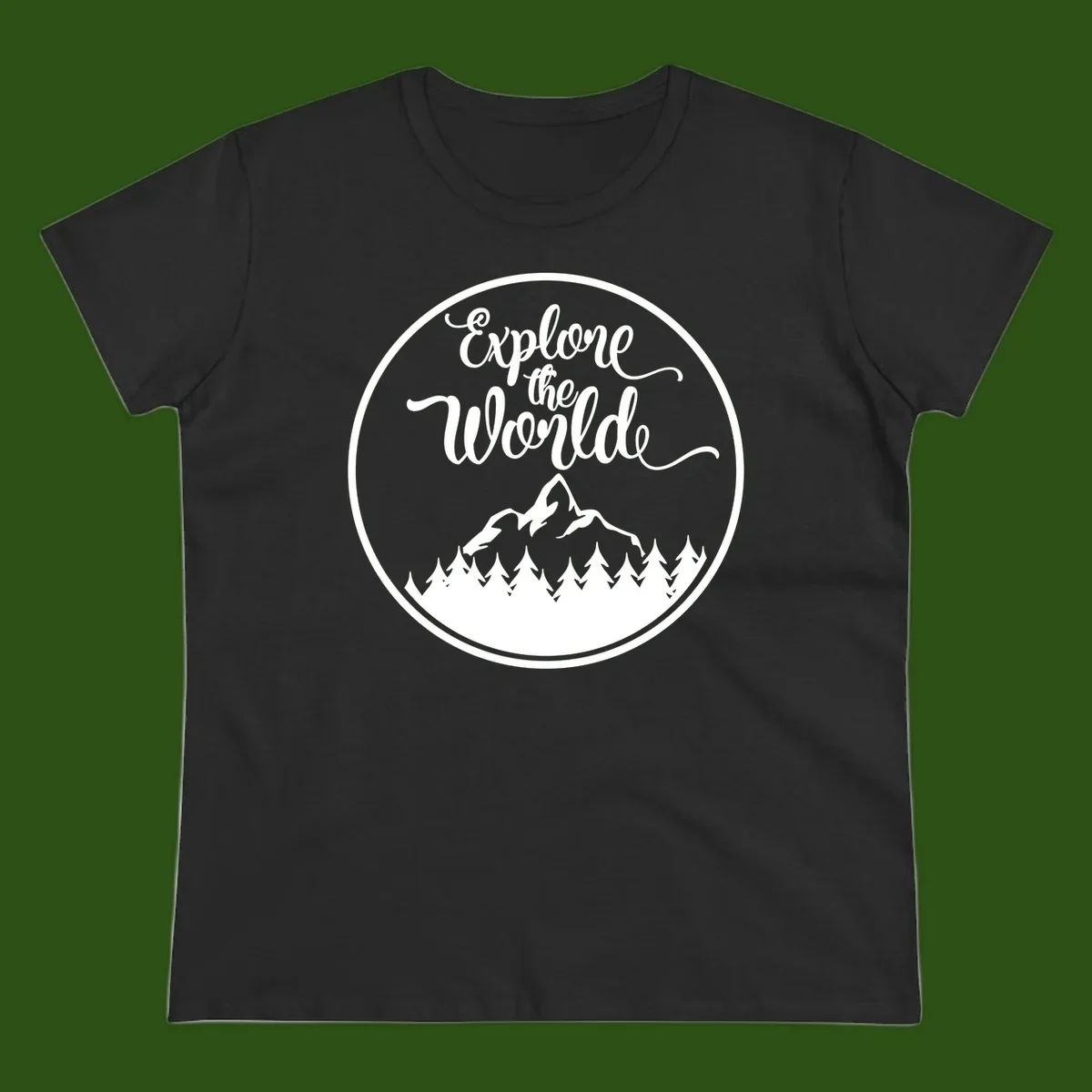 White circular badge with 'Explore the World' cursive text above mountain peak and evergreen forest silhouette on gray background