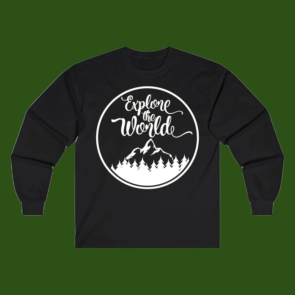 White circular badge with 'Explore the World' cursive text above mountain peak and evergreen forest silhouette on gray background