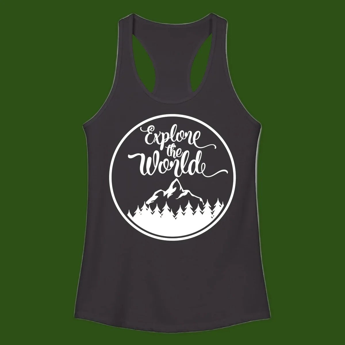 White circular badge with 'Explore the World' cursive text above mountain peak and evergreen forest silhouette on gray background