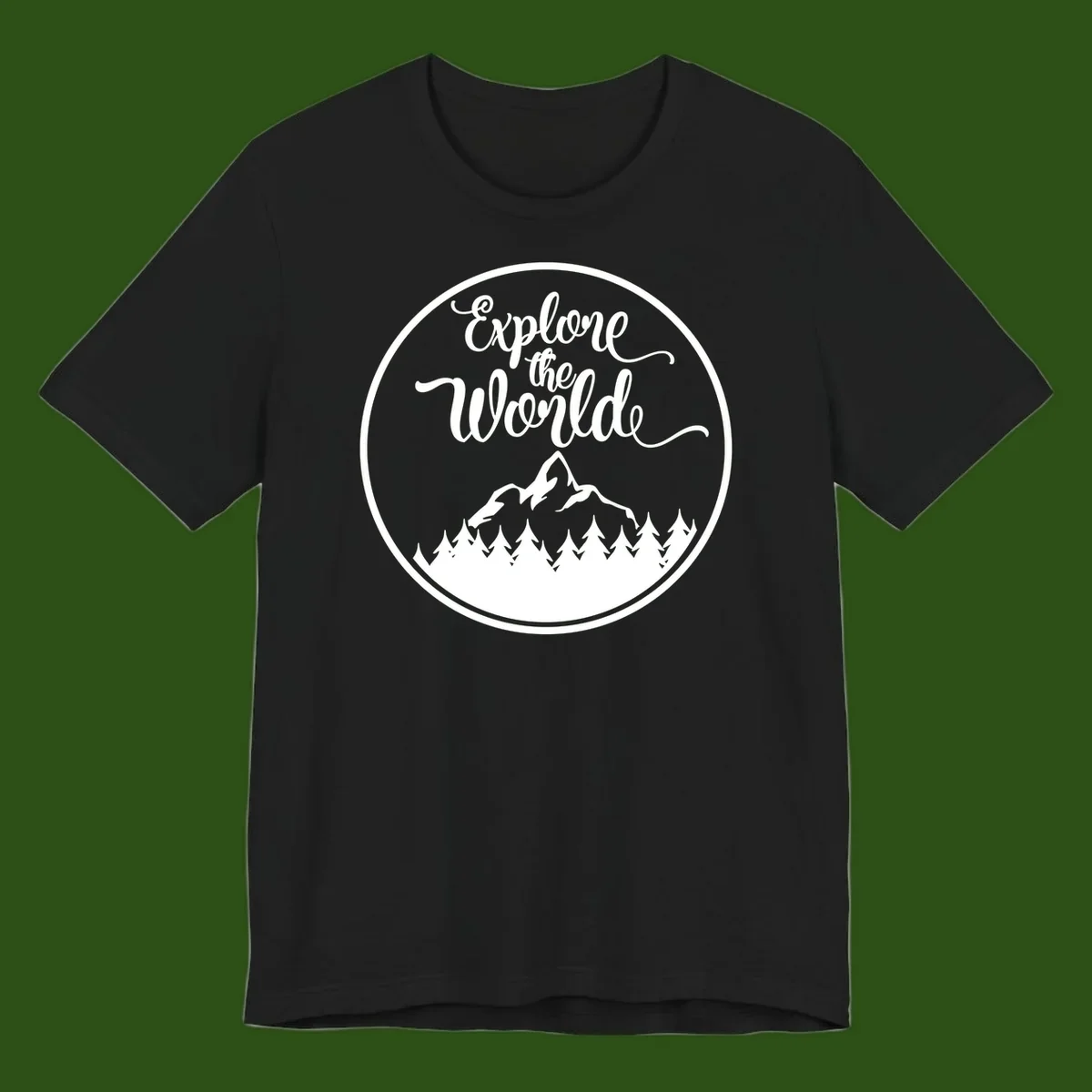 White circular badge with 'Explore the World' cursive text above mountain peak and evergreen forest silhouette on gray background