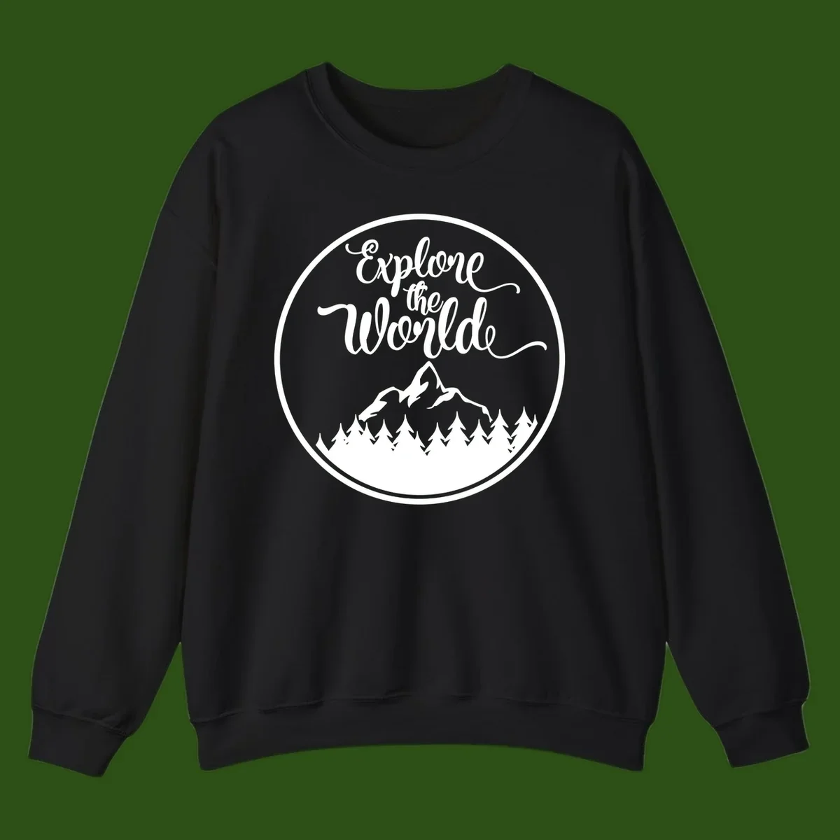 White circular badge with 'Explore the World' cursive text above mountain peak and evergreen forest silhouette on gray background