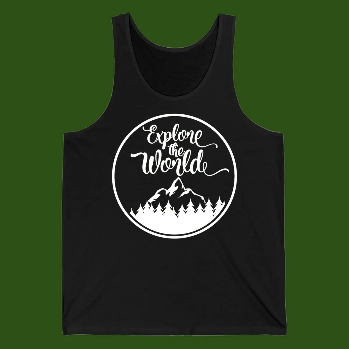 White circular badge with 'Explore the World' cursive text above mountain peak and evergreen forest silhouette on gray background
